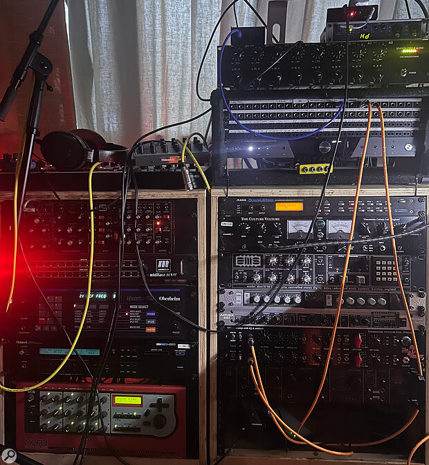 The left of the two equipment racks at Koreless’ studio houses his synths (top to bottom): Behringer Model D, Miditech MIDI interface, Oberheim Matrix 1000, Roland D‑550 and Nord Modular. The right‑hand rack contains processors and effects: Alesis Quadraverb reverb, Thermionic Culture Vulture valve processor, AMS DMX 15‑80 delay, Smart C2 and Aphex 661 compressors, Thermionic Rooster preamp and Roland SBF‑325 flanger.