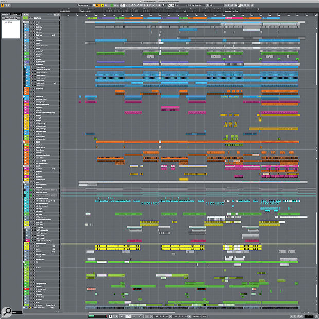 This composite screenshot shows the complete Cubase project for Kirkpatrick's completed rough mix, including nearly 100 tracks.