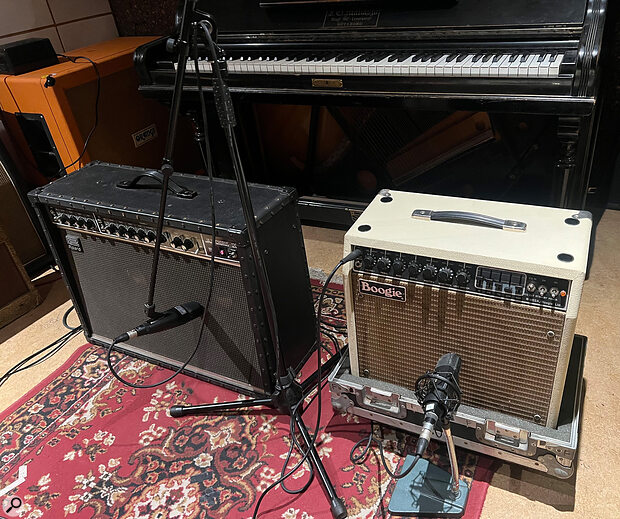 Many of the guitar sounds on Skeletá were tracked at Atlantis Studios using a combination of the Roland JC‑120 and Mesa Boogie IIC+ amplifiers, miked with Sennheiser MD421s.