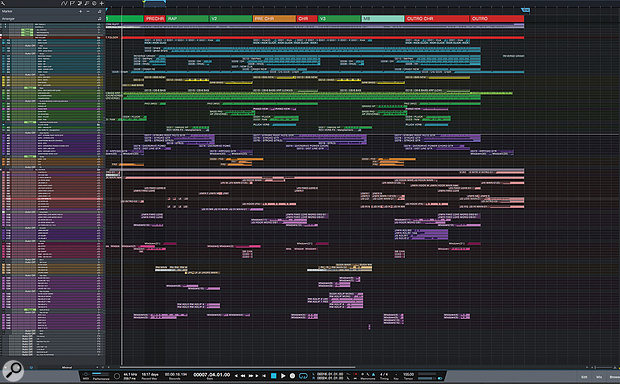 This zoomed‑out view shows the entire PreSonus Studio One arrange page for the ‘Fake Love’ mixing session.