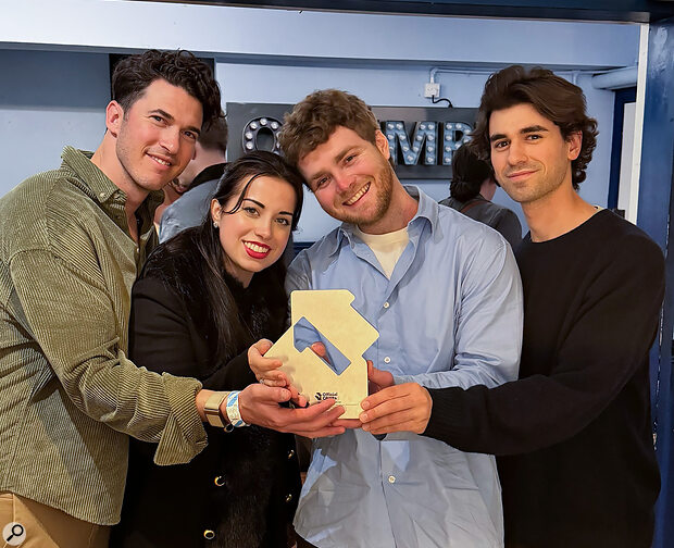 Co‑writers Cal Shapiro (far left) and Mags Duval (centre left) celebrate ‘Ordinary’ topping the UK charts with Alex Warren (centre right) and Adam Yaron.