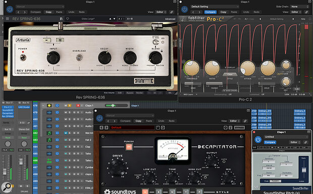 The handclaps that mark each quarter note were heavily processed in Logic.