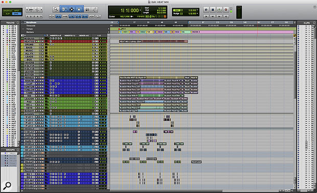 This screen shot shows the active tracks in Patrizio Pigliapoco's mix session for 'Heat'. Unusually, he begins the mix with a  fresh template even when the track is one he's recorded himself.