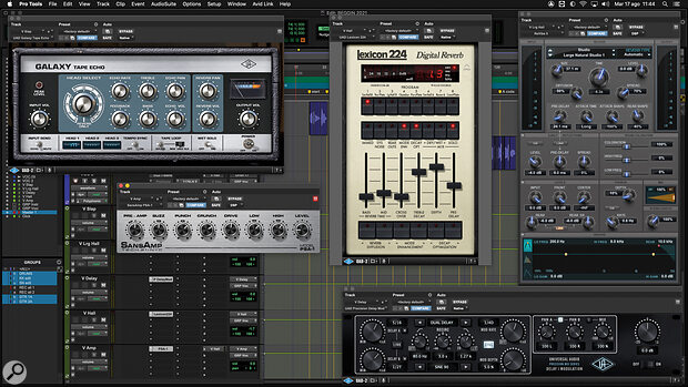 Vocal effects included the UAD Galaxy Tape Echo, Lexicon 224 reverb, and a send to a bus containing Avid’s SansAmp plug‑in.