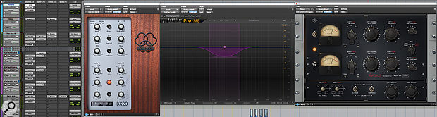 Jon Castelli’s vocal reverb chain, from the ‘in the box’ rough mix. The FabFilter Pro-MB dynamic EQ tames the mid-range of the BX20 spring reverb, while the Fairchild compressor shapes the decay in a very particular way.