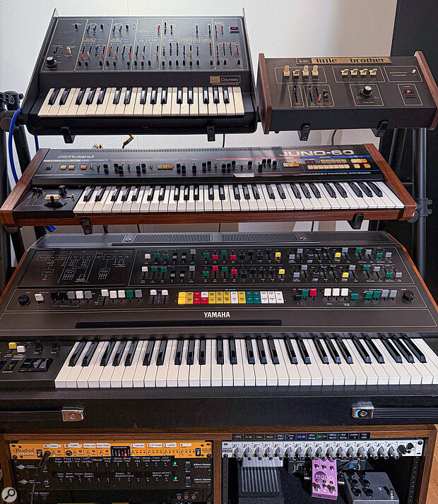 No Expectations hosts an impressive array of vintage instruments, including (top to bottom) ARP Odyssey and Little Brother, Roland Juno‑60 and Yamaha CS80.
