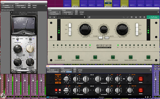 Sampled and real drums were sent to a stereo bus to be processed by this signal chain.