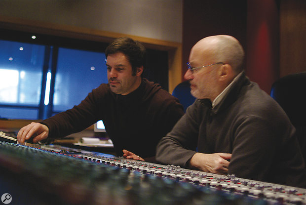 Yvan Bing (left) and Phil Collins during the mix of Going Back at Dinemec Studios, Geneva.