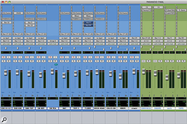 The main drum tracks in 'Paranoid': note the separate Group channels for parallel compression ('Compress') and reverb.
