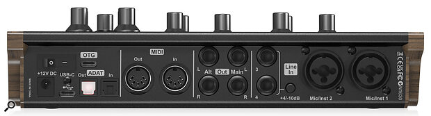 Beginning at the left of the rear panel we find a USB‑C port for computer connection and a second USB‑C port labelled OTG for interfacing with a phone or tablet. Moving on, there are ADAT I/O ports, full size MIDI I/O sockets, quarter‑inch main and ‘Alt’ outputs, quarter‑inch line inputs and a pair of combi inputs. A pair of headphone ports is found at the front of the unit.