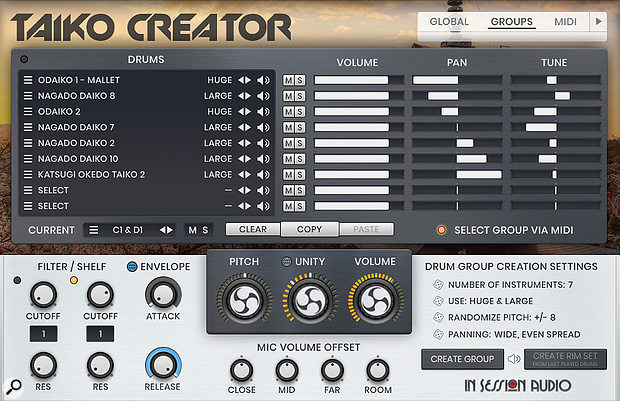 The Groups page, where kits are created and edited either manually, or using the Drum Group Creation tools that randomise instruments according to specified parameters, or a combination of both methods. The lower panel settings are unique to each Group, offering maximum flexibility.