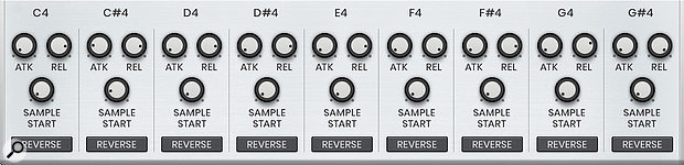 The Auxiliary Groups' lower panel; each of the two Groups contains nine sounds, assignable from a total of 74. Sound selection, volume, panning and tuning of each sound is done manually in the upper panel, whilst attack, release, sample start and reverse playback are set in the lower.