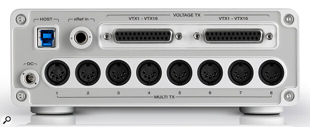 On the GridLock II’s back panel we find a USB‑B port, another eight 5‑pin DIN sockets, and two DB25 connectors for connecting optional breakout boxes.