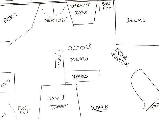 Isabel Gracefield’s hand‑drawn sketch showing the planned layout of RAK Studio 1 for the sessions.