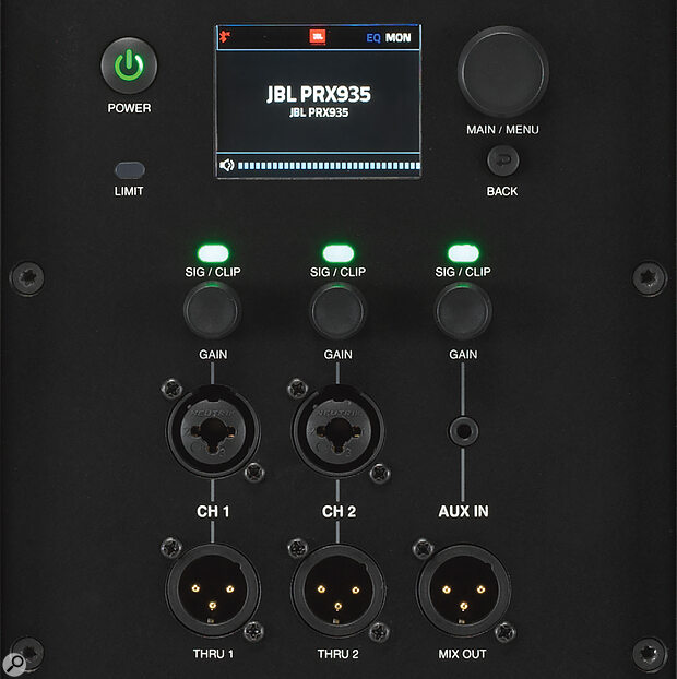 The control and connection panels on the PRX925 and PRX935 are identical, offering the same analogue I/O and basic control over the internal DSP.