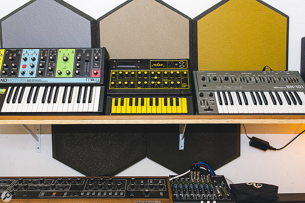 Despite being a Buchla devotee, other instruments make regular appearances in Smith's work. Pictured are her Moog Grandmother, EDP Wasp, Roland SH‑101 and, below, a Sequential Circuits Prophet-5.