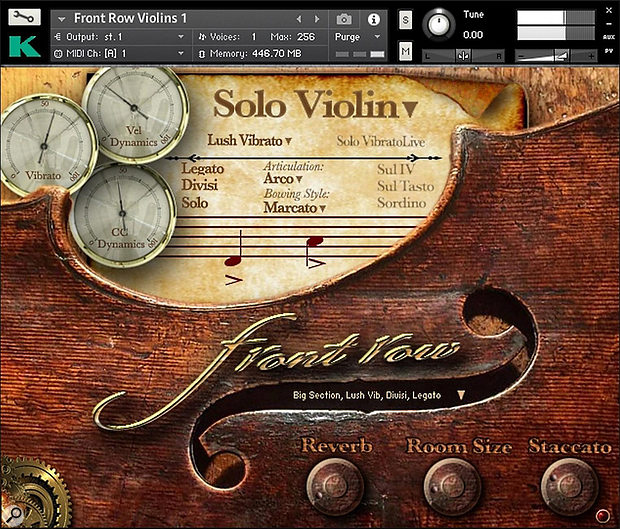 FRV’s main GUI. The notation symbols on the stave change as you play, reflecting the currently active bowing style. The three dials give visual feedback of vibrato amount, key velocity and MIDI CC dynamics.