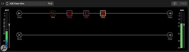 The Signal Flow panel allows you to build your virtual guitar rig, control the signal flow, and turn individual components on and off. And, as shown here, despite the power offered by Native, rigs can be kept simple if preferred.