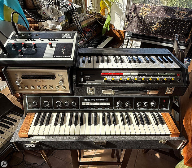 Carter Lang’s collection of rare vintage gear includes (clockwise from top left): Dynacord EC280 delay, Wersi Bass‑Synthesizer, Korg Poly‑Ensemble string machine and Olson Rhythm Beat drum machine.