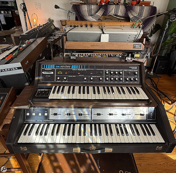 Lang’s studio is home to a rare EML Synkey synth (top) and Freeman String Symphonizer.