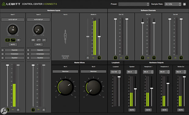 In this Control Center screen capture, the three stereo DAW outputs (top right) are all routed to mixes A and B. By contrast, the mic/line inputs (left) are routed only to mix A, so the B fader is greyed out for those inputs.