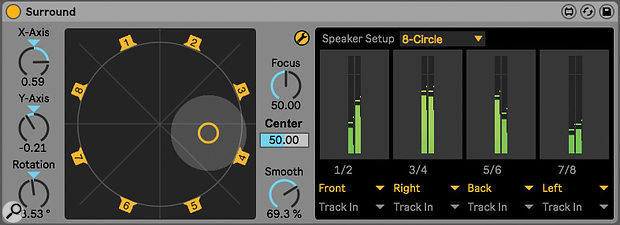 A Max for Live device mixing into multiple audio outputs.