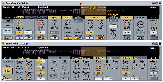 Screen 1: Granulator’s Grain view (top) is where you set and modulate grain size and position. The Filter view (bottom) provides envelopes, filters and FM.