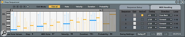 Screen 1: M4L Step Sequencer plays a nine-step eighth-note loop, Fore-Back. The varied step probabilities result in different 16-step patterns.