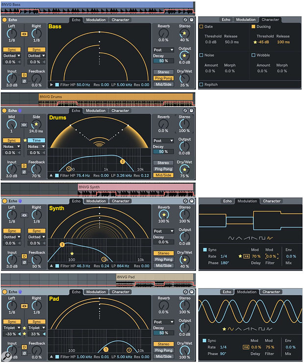 Screen 2: Four Echo effects process the tracks shown above their panels. Stars indicate modifications to Echo’s default settings.