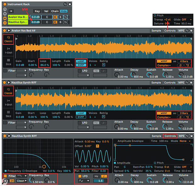 Screen 1. Drone Lab’s Avalon and Nautilus samples are layered using Simplers in separate chains of an Instrument Rack.