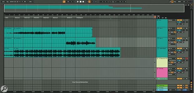 Screen 1: Rough mix and acapella tracks in the Arrangement timeline. I’ve grouped them and added some Locators.