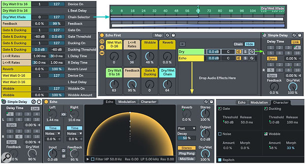 Screen 3: This two‑chain Rack features a Simple Delay effect in each chain to offset the pre‑ and post‑Echo signals. The Macro knob assignments are shown at top‑left.