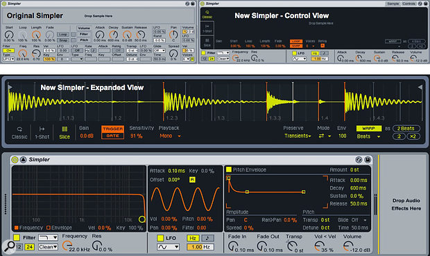 The new Simpler has upgraded the original (top-left) with the addition of playback modes 1-Shot and Slice, built-in sample warping, and much improved graphics.