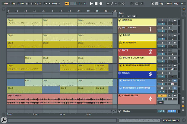 Screen 1: The four steps to split a drum part into two kits, apply separate effects and export an audio stem for the final mix.