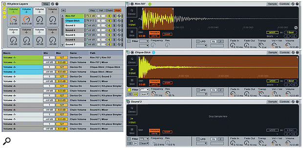 Screen 1: Use this Instrument Rack to layer up to eight kit pieces. The Macro knob assignments (left) control the chain volume as well as the activation status of each chain’s Simpler.