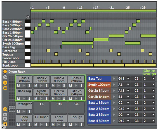 Screen 2: Bass, synth and guitar parts (green) are overdubbed on four repetitions of the bottom drum part from Screen 1 (yellow).