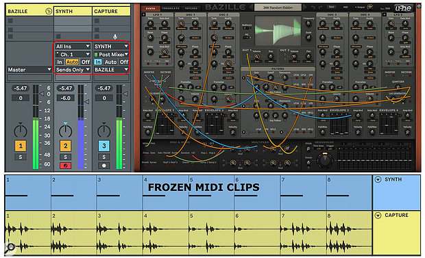 Screen 1: Freezing eight copies of a four-bar MIDI clip yields eight different four-bar audio clips from this U-he Bazille patch.