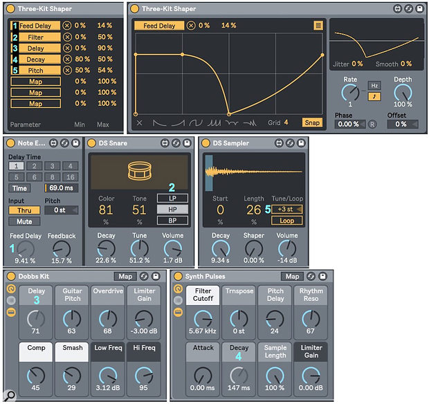 Screen 3: A three drum-kit Instrument Rack’s effects and kit-piece parameters are modulated by a single Max For Live Shaper device. 