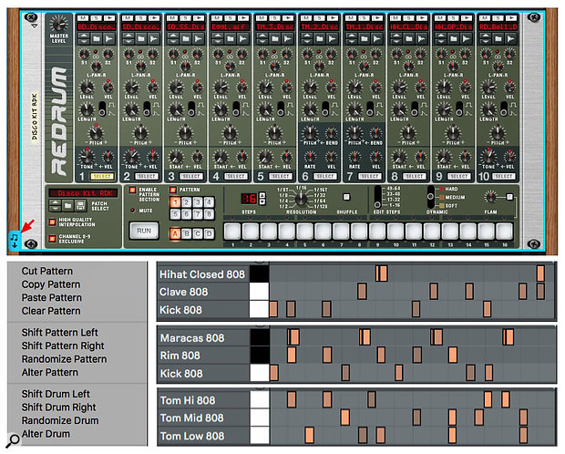 Screen 4: Three Redrum patterns generated using the Shift, Randomize and Alter Drum otpions followed by some manual editing are dragged to Live as separate kit-piece clips.