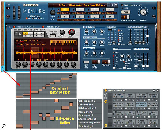 Screen 5: The timing of Rex slices is adapted to sequence an accompanying drum loop.