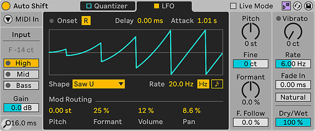 The LFO panel allows for direct control over four parameters — Pitch, Formant, Volume and Pan — as well as reset on note onset, Delay, and Attack (time to peak value). The LFO panel allows for direct control over four parameters — Pitch, Formant, Volume and Pan — as well as reset on note onset, Delay, and Attack (time to peak value).