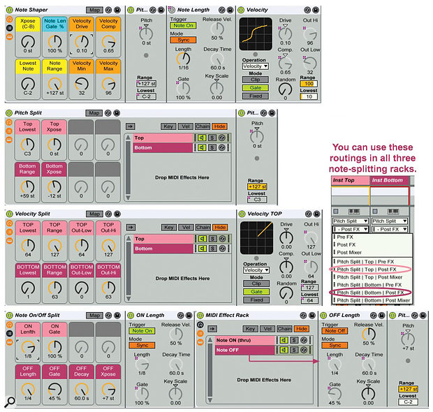 1: The Note Shaper rack (top) provides quick access to Live’s Pitch, Note Length and Velocity effects. The other three racks illustrate note splitting by pitch, velocity and note on/off timing. 