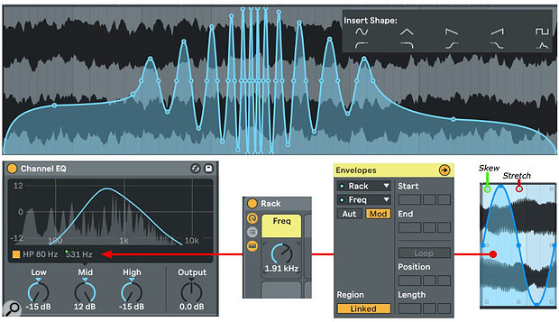 Screen 1: The blue curve at the top modulates the Channel EQ's frequency relative to its current setting. The curves were fashioned from preset shapes using curve-shaping tools.