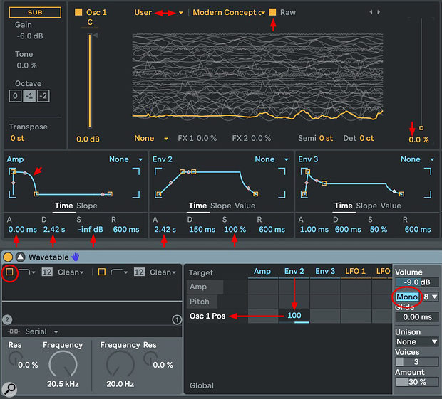 Screen 2: This Wavetable setup will come close to reproducing the sample loaded into osc 1. The amp envelope decay and env 2 attack settings are set to the original sample length.