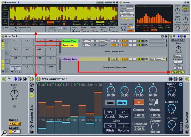 Screen 4: In this Drum Rack, a long speech clip played from Simpler triggered by C1 provides the modulator for Vocoder (top). A Max instrument played by notes above C1 provides the carrier.