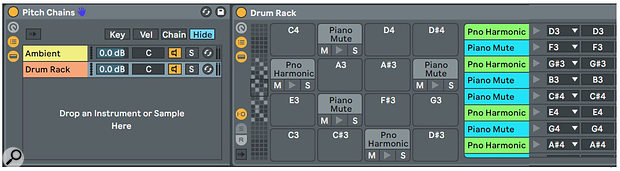 Screen 2: Ambient notes are distributed using Scale effects in octave chains, whereas Harmonics and Mute notes are distributed among Drum Rack pads.