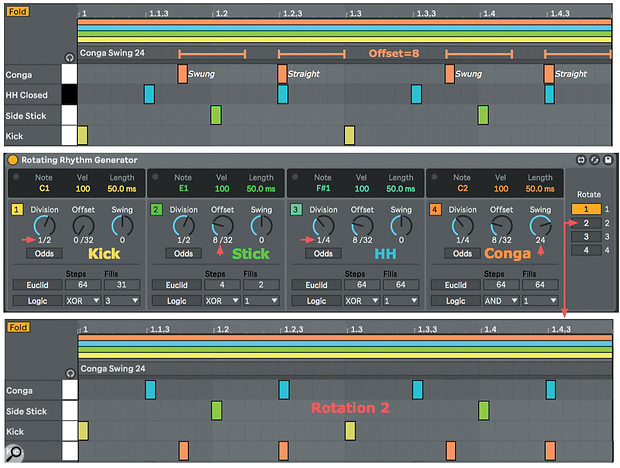 Screen 1: RRG generates Kick, Side Stick, High Hat and Conga patterns with different Division, Offset and Swing settings. The effect of Rotation is shown at the bottom.