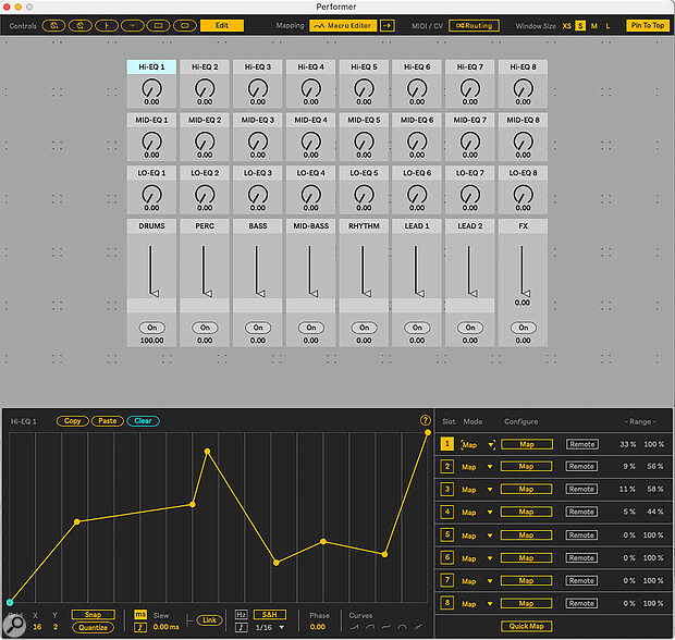 My Novation Launch Control XL recreated using the Performer device, with the mapping editor.