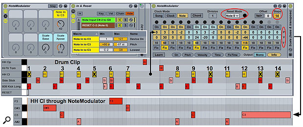 Screen 3. NoteModulator, with help from Live’s Pitch and Scale MIDI Effects, turns kit-piece loops into tonal sequences.