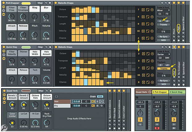 Screen 1: Step‑sequencing Instrument Racks Poli Stepper and Quick Step feed the Quasi Verb Audio Effects Rack at the bottom.